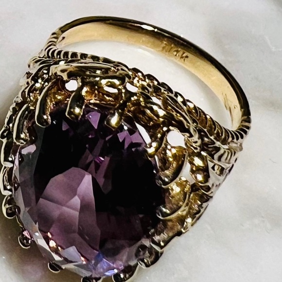 Vintage Estate Giant Amethyst Ring Solid 14k Gold caged prongs Filigree Ring 14K - Picture 13 of 16